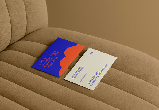 Business Card Mockup &ndash; Contemporary Editorial Layout with Contrasting Colors on Beige Armchair Scene