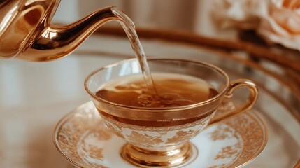 Elegant tea pouring into a fine china cup during a serene afternoon gathering