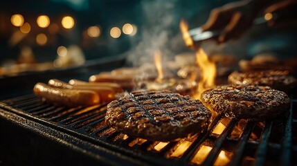 Grilling burgers and sausages at a lively outdoor barbecue event in the evening
