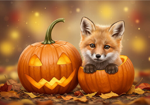 Cute Fox Kit in Jack-o'-lantern: Halloween Illustration - Powered by Adobe