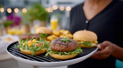 Delicious summer barbecue gathering featuring gourmet burgers and fresh sides