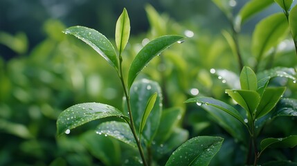 Close-up of fresh tea plant leaves glistening with dew in a lush green field at dawn