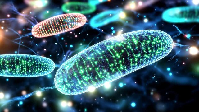 microscopic mitochondria glowing microscopic Mitochondria glowing microscopic mitochondria glowing in high-tech neural network environment with deep focus detail mitochondria closeup