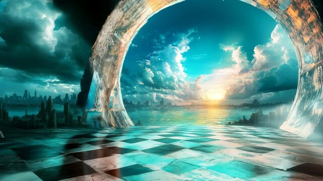 Futuristic fantasy gateway futuristic fantasy gateway Ancient sci-fi structure futuristic fantasy gateway to another world with surreal clouds and glowing horizon alternate reality entrance 
