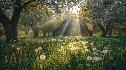 Springtime sunbeams through blossoming trees over a field of dandelions