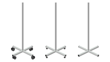 Set of metal medical or office pole stands with different types of caster wheels. Vector illustration of mobile and stationary support bases. Isolated on white background.