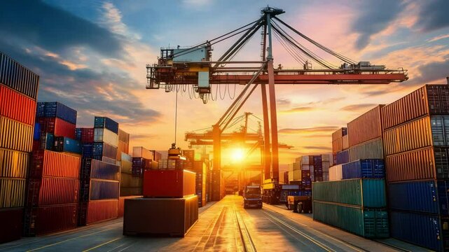 Container crane lifting cargo industrial shipping terminal with vibrant sunset sky, busy freight transport and stacked containers harbor dockyard