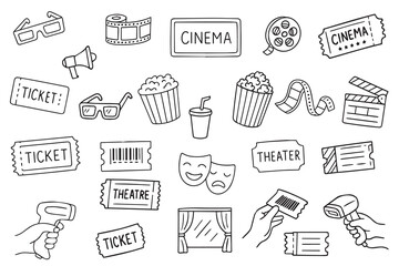 Vector illustration featuring cinema and theater themes, including film reels, popcorn, 3D glasses, tickets, theater masks, and a clapperboard. Perfect for entertainment-related designs.