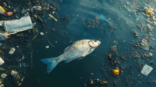 Dead fish floating polluted water with plastic waste and debris highlighting environmental damage aquatic pollution contamination water pollution