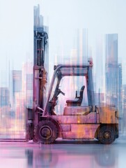 Colorful Forklift Against Urban Cityscape
