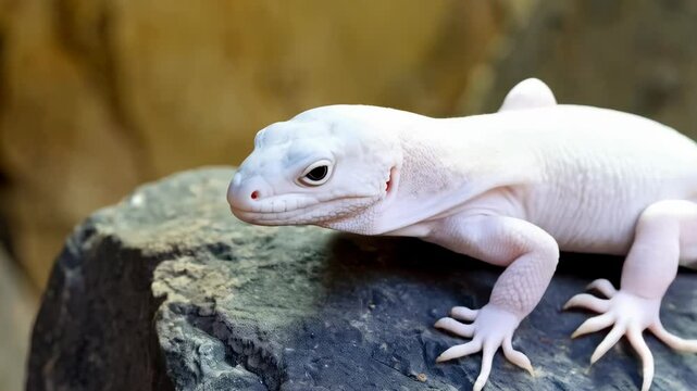 Close-up of leucistic leopard gecko resting on a dark gray rock formation, exhibiting its pale skin and textured scales in a natural habitat.