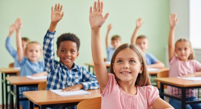 Diverse group of elementary school children raising hands in class - Powered by Adobe