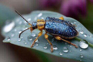 Naklejka premium Captivating macro shot of a colorful beetle on a verdant leaf, surrounded by glistening dew droplets, exemplifying the beauty of the natural world.