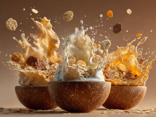 Dynamic splash of milk and cereal in wooden bowls, creating energetic and lively scene