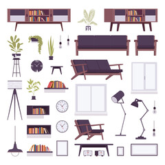 Furniture items and decor for living room home objects pack. Sofa, lamp, table, seating, storage, display to create comfortable, inviting and functional modern space to arrange. Vector illustration