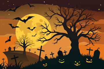 Spooky Halloween night landscape with silhouetted trees, bats, and pumpkins against an orange sunset and moon
