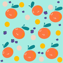 Summer pattern with cute oranges and berries on a blue background. Design suitable for textiles, packaging, postcards, banners, prints