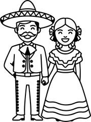 Black and White Vector of Mexican Couple in Traditional Charro and Folkloric Dress Holding Hands – Outline Style Illustration