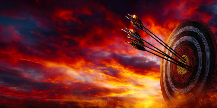 The vibrant colors of the sky add intensity and beauty to this archery scene.