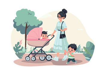 young happy mother walking with kids cartoon vector illustration