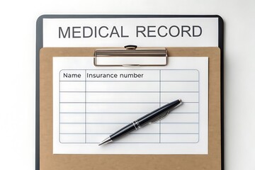 Blank medical record form on clipboard with pen