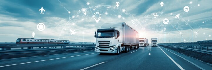 Transportation network on a highway with trucks and train.