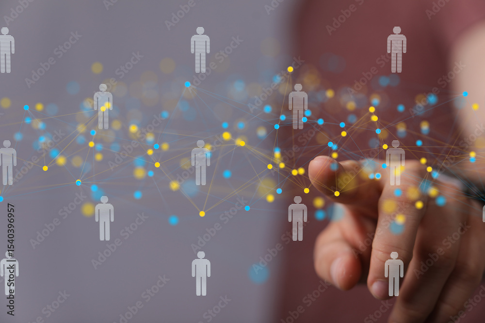 Poster image of a hand interacting with a digital network of people, representing global connections and co