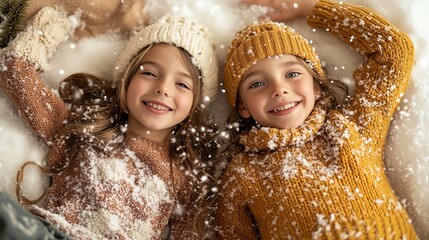 Fototapeta premium Two smiling girls lie in the snow wearing winter hats and sweaters with snowflakes on their clothing.