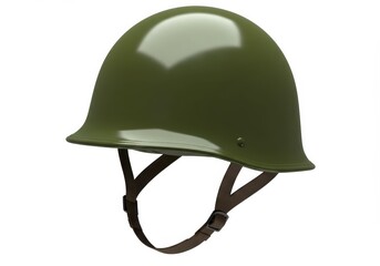 Fototapeta premium Olive green military helmet with brown strap on a white background, providing protection