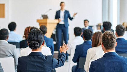 Fototapeta premium Business event with speaker addressing audience in conference hall