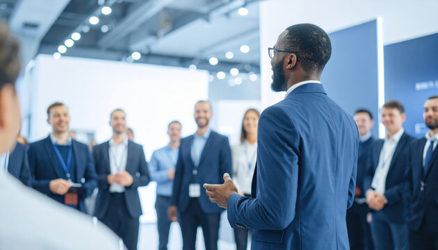 Engaged business owner presenting to attentive audience at trade show