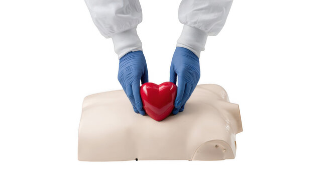 Gloved hands performing cpr chest compressions on medical training dummy with red anatomical heart, isolated on transparent background, perfect for healthcare and medical presentations