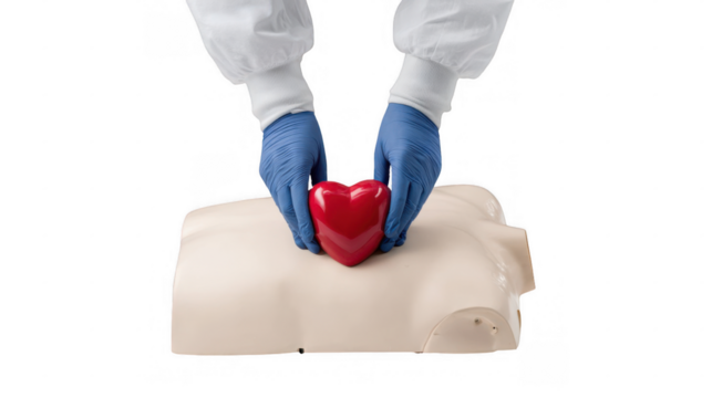 Gloved hands performing cpr chest compressions on medical training dummy with red anatomical heart, isolated on transparent background, perfect for healthcare and medical presentations