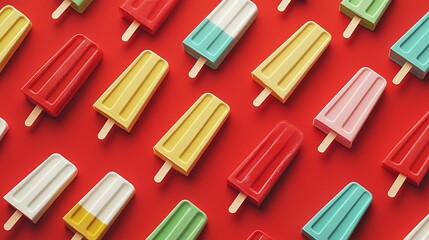 Various colored popsicles are arranged on a red surface in a repeating pattern, some featuring dual color combinations.
