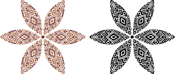 Artistic hand drawn illustration of African decorative ornament. Vector drawing ethnic pattern isolated on white background. Black and white and colored tribal art for bohemian interior printing.