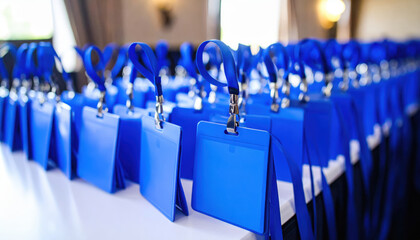 Many blue lanyards with name tags arranged on table for event