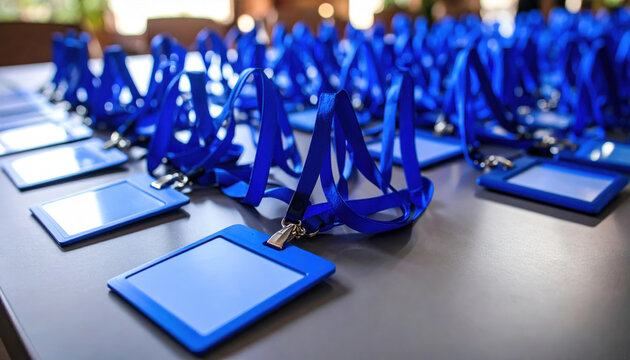 Many blue lanyards with name tags arranged on table for event