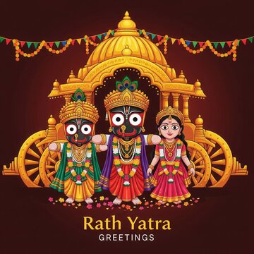 happy rath yatra poster Colorful Vector Rath Yatra Poster with Jagannath, Balabhadra, and Subhadra on Chariot &ndash; Divine Festival Greeting 