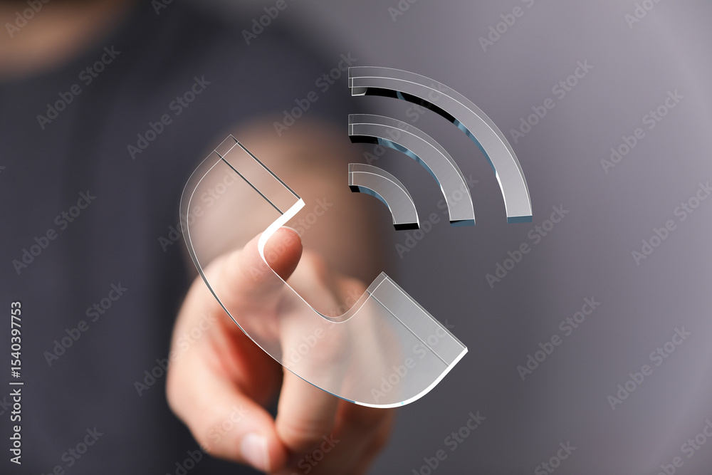 Poster person interacts with a transparent phone icon and wifi symbol. modern communication concept.