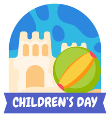 Fototapeta premium Happy Children's Day Sandcastle and Beach Ball Illustration