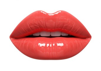 Close-up of glossy coral lips with visible teeth against white background