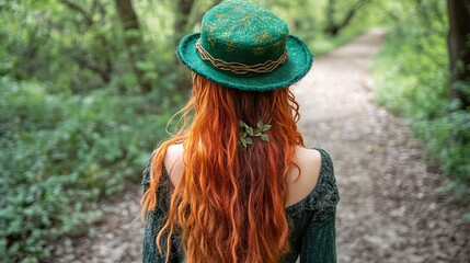 Woman with long red hair is wearing a green hat and walking on a path through a lush forest.
