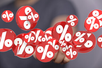 3D rendering of red percentage symbols floating around a hand, perfect for finance, sales, or...