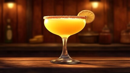 Yellow cocktail drink sits garnished on a wooden bar top against a softly blurred background.