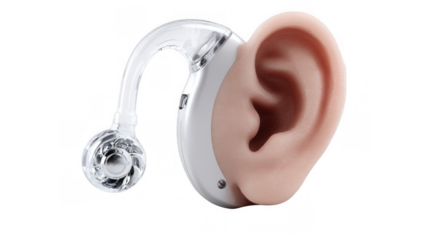 Modern hearing aid device attached to an ear, enhancing auditory function and improving communication for individuals with hearing impairment, isolated on a transparent background