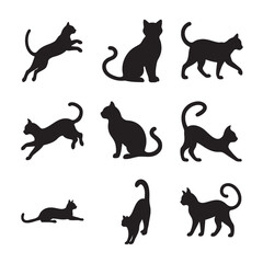 Set of black cat vector silhouettes depicting different feline postures like sitting, standing, leaping, and playful stretching. Perfect for animal-related graphics, web design