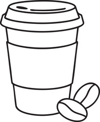 Simple Line Art Illustration of a Takeout Coffee Cup with Sleeve and Two Coffee Beans Beside It