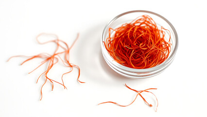 Saffron Threads in Glass Dish , Ultra HD Macro Herbal Spice