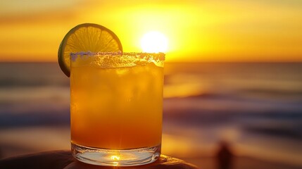 A Margarita sits garnished with a lime wedge and salted rim, backlit against a sunset over the ocean.