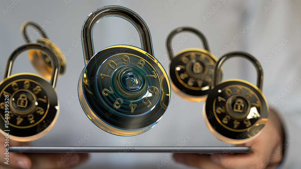 Poster Cybersecurity concept. Combination locks hovering over a tablet, representing digital data protection.
